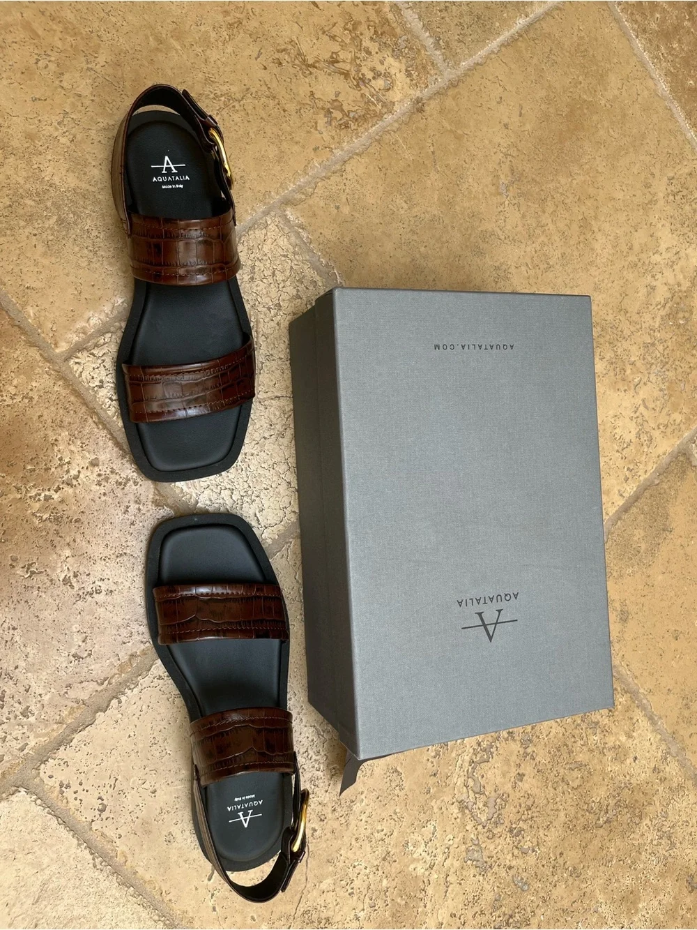 Aquatalia Brown Croc-Embossed Leather Double-Strap Men’s Sandals - Picture 5 of 7